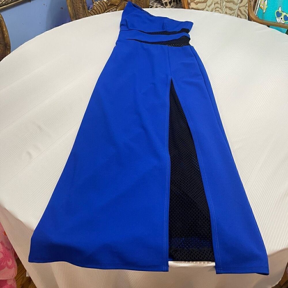 ABS Allen Schwartz Royal Blue Black Mesh Off Shoulder Dress Size Small